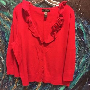 Soft red sweater with ruffle neck line detail